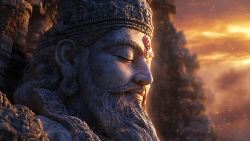 Sunlit stone deity profile with volumetric atmospheric glow.