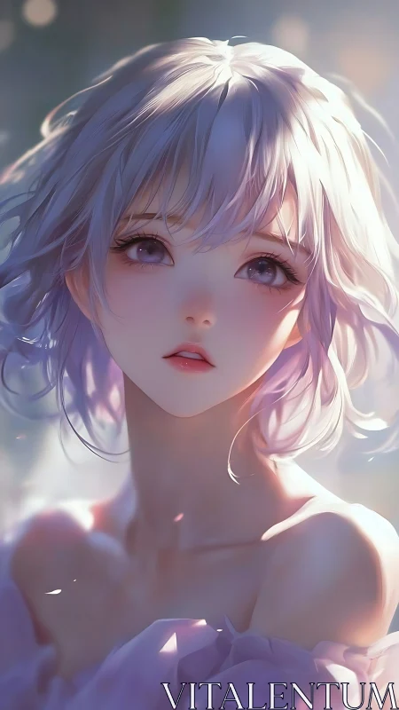 Silver dawn muse with luminous eyes and drifting light.