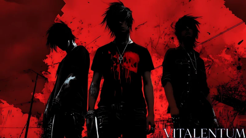 Three silhouetted figures stand before a red splattered sky