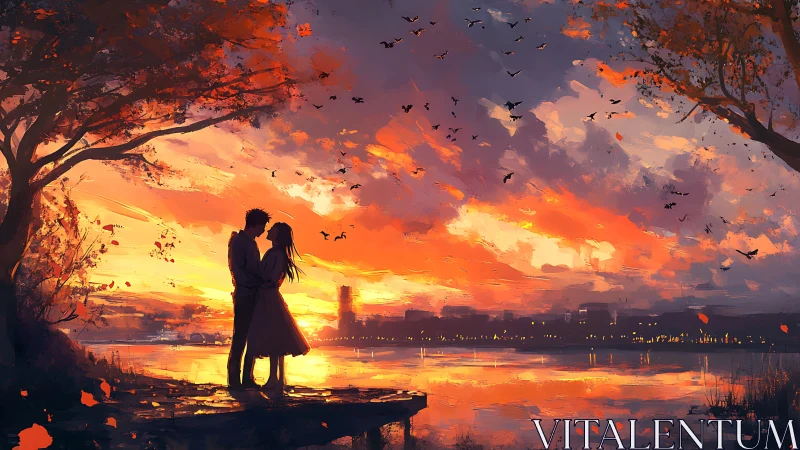 Romantic Silhouettes Embracing Against Burning Sunset Over Water
