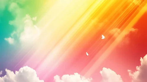 Gradient sky with clouds, light beams, and flying birds.