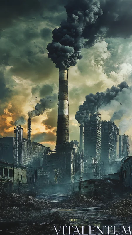 Industrial complex with dense smokestacks under cloudy sky.