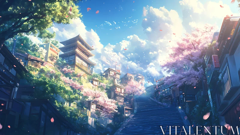 Sunlit sakura stairway leads into elevated Japanese district