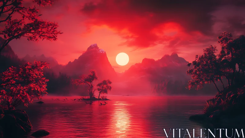 Crimson twilight lake with misty mountains and radiant sun.