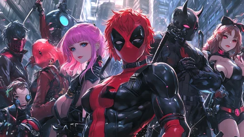 Masked vigilante team in neon city alley at night.