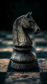 Weathered wooden chess knight with dramatic shallow focus