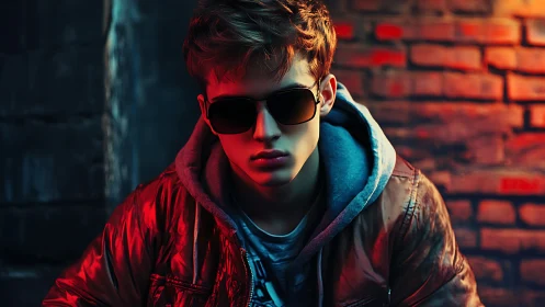 Moody street portrait with neon-lit leather jacket youth.