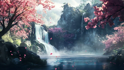 Velvet waterfalls and cherry blossom daydream escape.