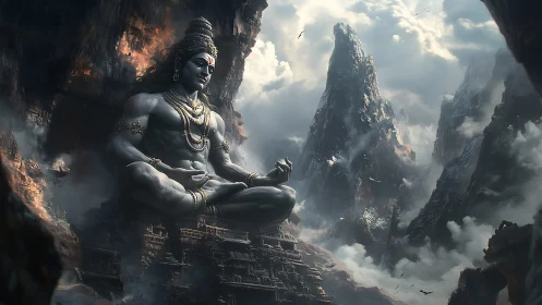 Colossal meditative deity integrated into eroded volcanic cliffs