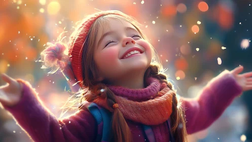 Young child outdoors in soft light with falling particles.