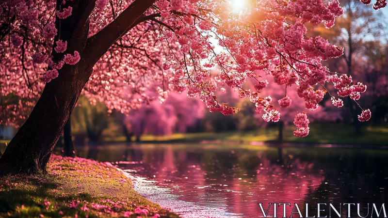 Backlit cherry blossoms over reflective lakeshore in spring luminance