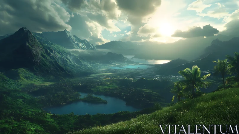 Sunlit tropical mountains over lakes and distant bay.