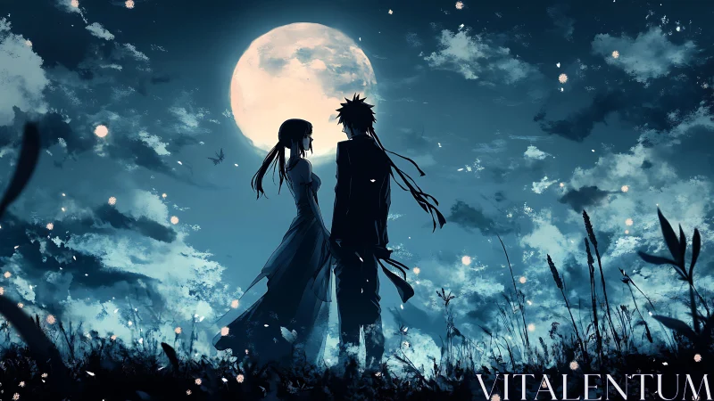 Silhouetted pair under full moon in stylized night landscape.