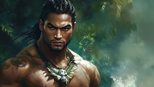 Warrior figure with tribal necklace in dense jungle setting.