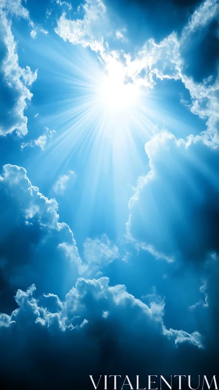 Bright sunburst breaking through deep blue storm clouds.