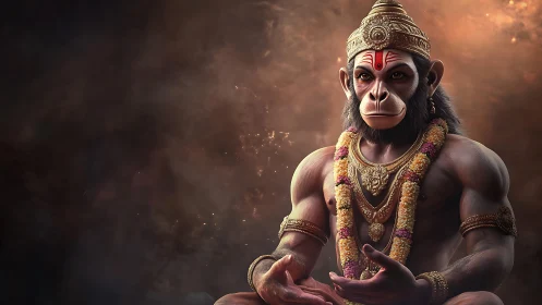 Simian deity figure in ornate ornaments against smoky background.