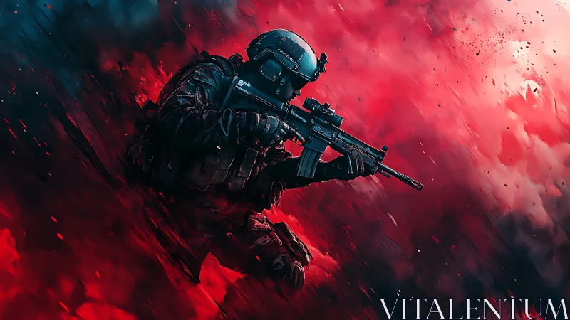 Tactical operator with carbine rifle in dynamic red smoke field