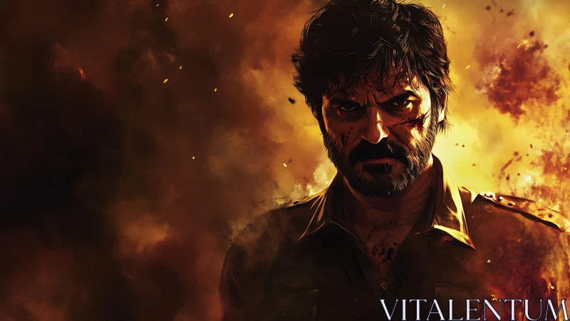 Scorched fury walks forward through a storm of burning embers