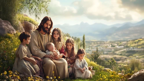 Pastoral spiritual figure with children in luminous valley landscape