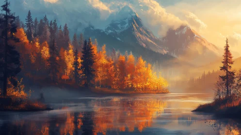 Mountain lake reflects dense autumn forest in warm light