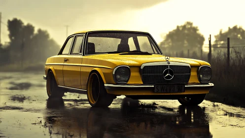 Rain-soaked yellow Mercedes sedan rendered with cinematic depth of field