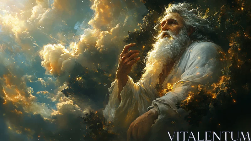 Celestial elder in luminous clouds with radiant golden embers.