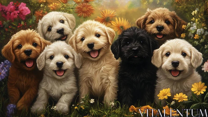 Joyful puppy friends share bright smiles in a flower garden