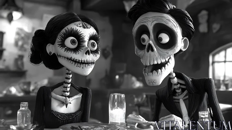 Skeleton couple share a whimsical moment at dinner table.