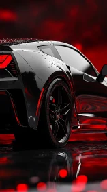 Sleek black sports car in red cinematic lighting at night.