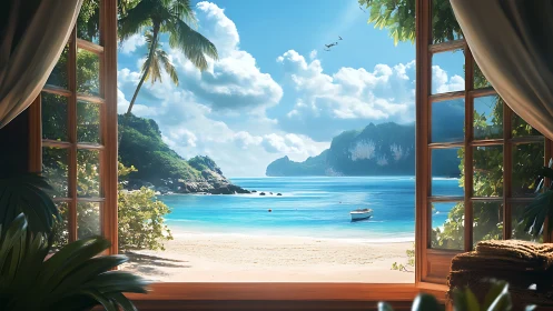 Tropical bay viewed through open wooden window frame at noon
