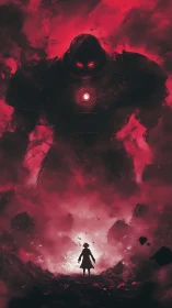 Silhouetted figure confronts towering armored giant in red haze