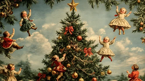 Victorian children orbiting ornate Christmas tree tableau.