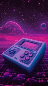 Retro Handheld Gaming Device in Neon Alien Landscape