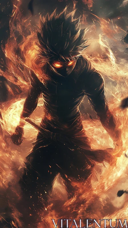 Fiery warrior strides through swirling flames with fierce resolve.