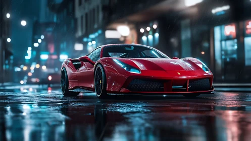 Photorealistic red supercar in cinematic night rain scene.