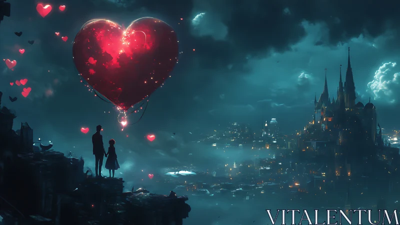 Couple Beneath Glowing Heart Above Fantasy Castle.