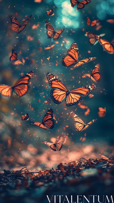 Monarch butterflies ascending through glowing forest haze.
