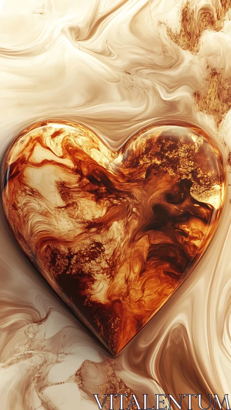 Luminous Amber Heart in Flowing Liquid Abstract Design
