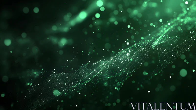Abstract green light particles flowing in dark digital space.