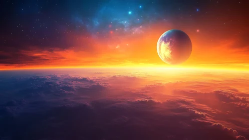 Alien planet rises over glowing cloud ocean at cosmic dawn