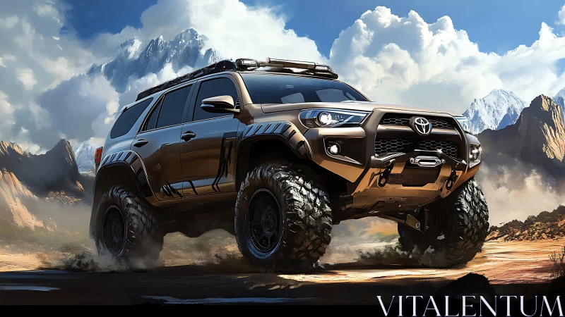 Lifted Toyota off-road SUV storms dusty alpine trail.