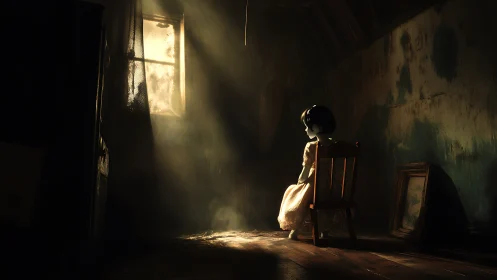 Lonely doll in dusty attic lit by a narrow sunbeam.