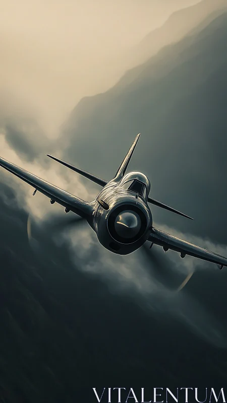 Low-level radial-engine fighter executing turn in misty valley