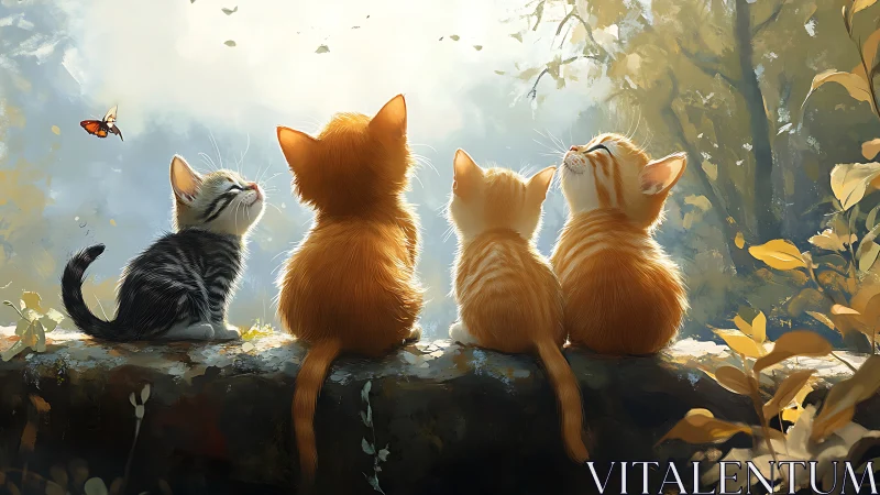 Four Kittens Observing Autumn Butterflies in Woodland Setting.