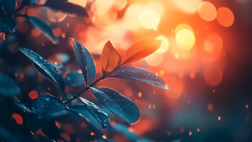 Rainlit ember leaves against dream-bright twilight bokeh.