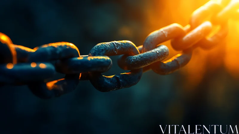 Rusted metal chain glows against dramatic golden backlight.