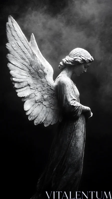 Side-profile view of winged stone angel statue in shadowed space.