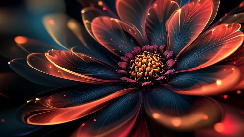 Digital macro rendering depicts a stylized luminous flower form