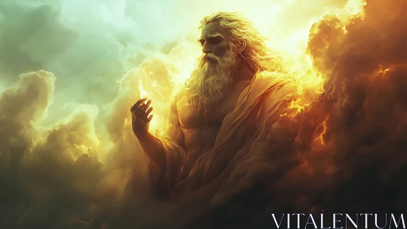 Storm god rises through blazing clouds in golden light.