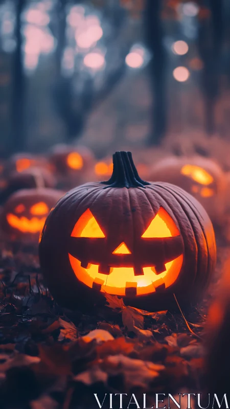 Jack-o’-lantern glow patrol in a misty twilight pumpkin grove.